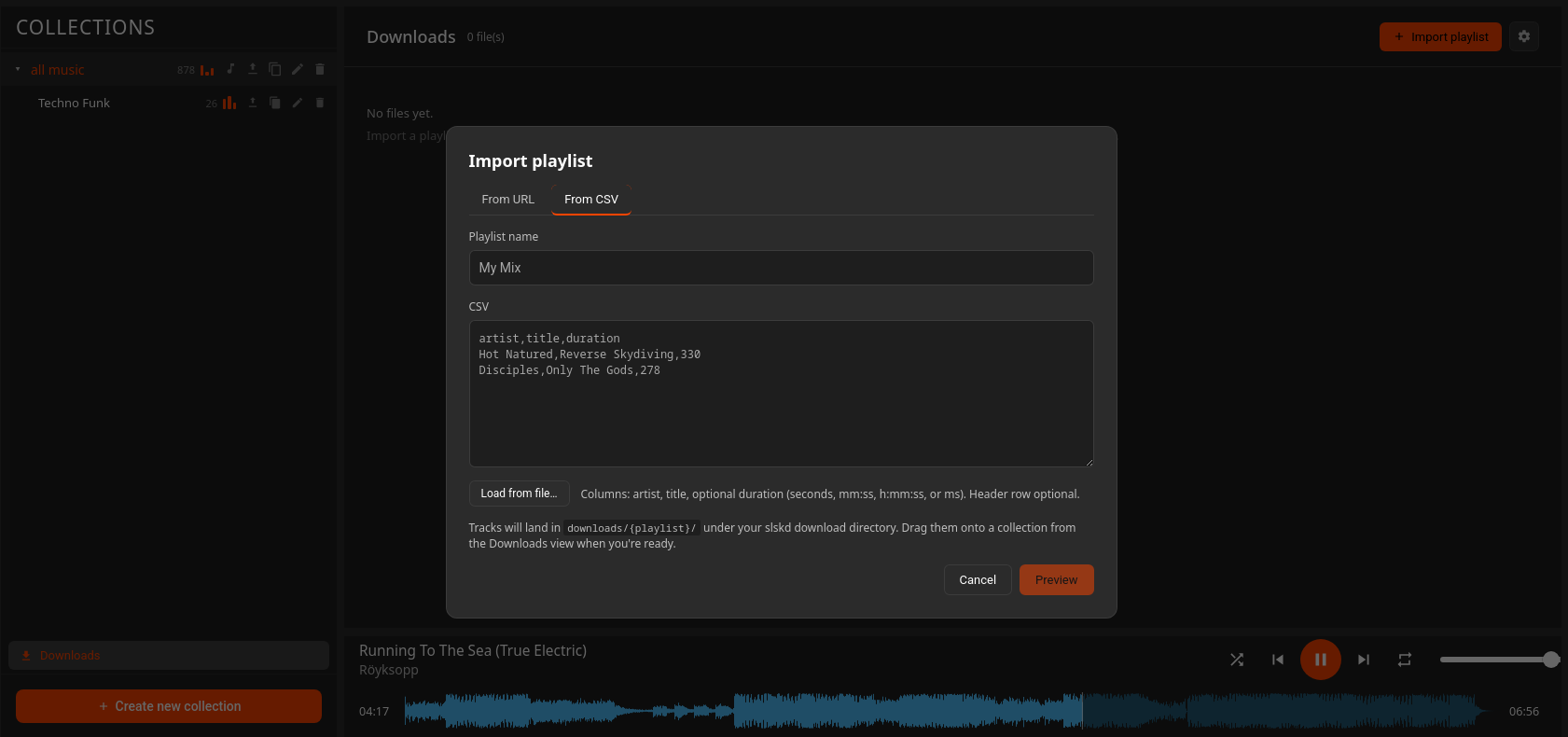 GrooveBridge Downloads view with the Import playlist dialog open in CSV mode