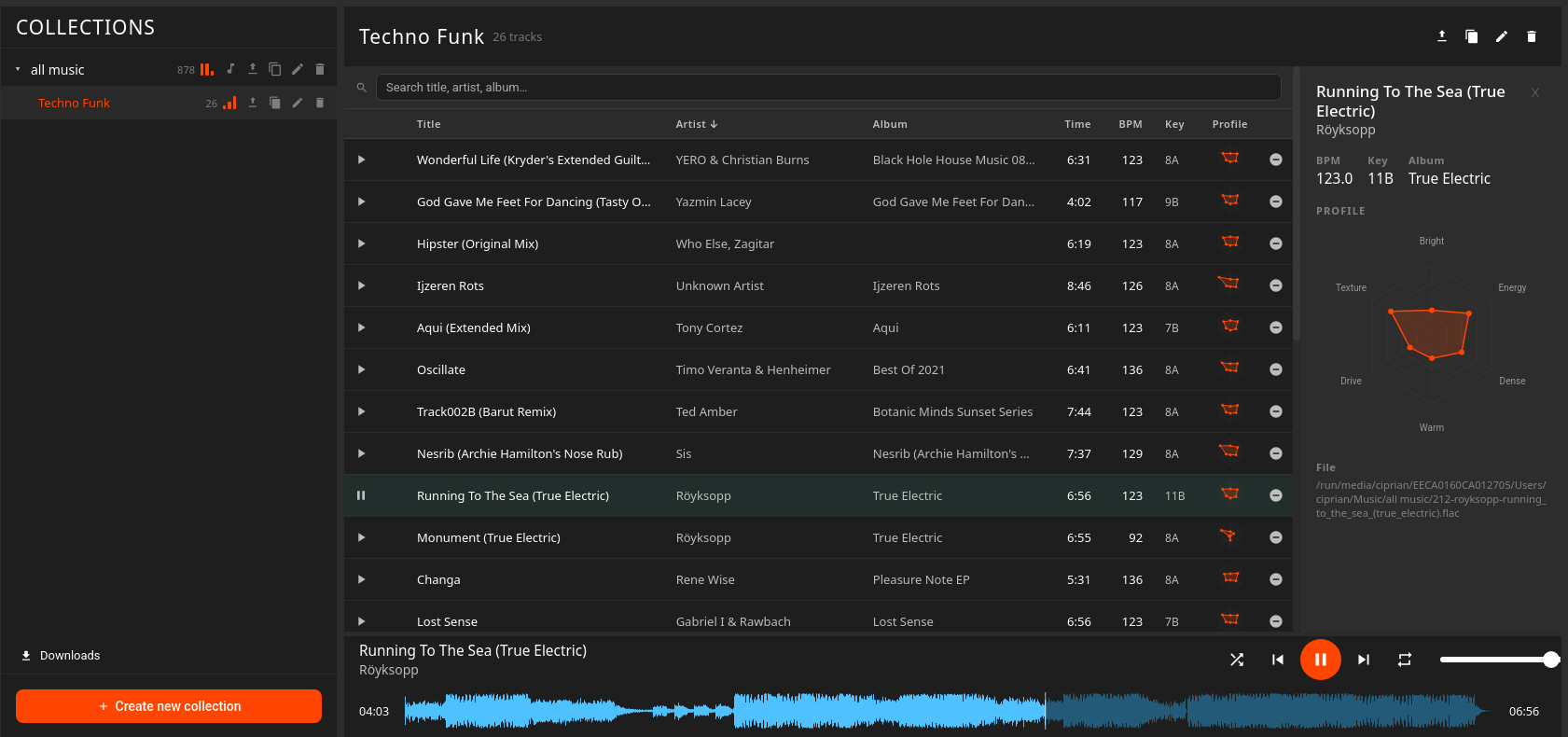 GrooveBridge library view with tagged tracks and a selected-track detail panel