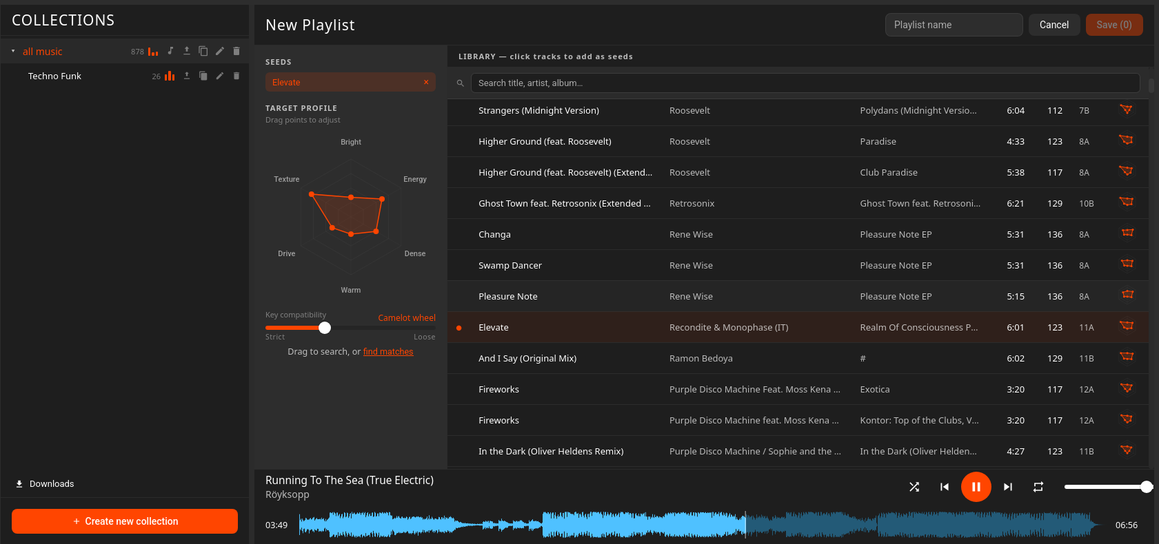 GrooveBridge playlist creation panel with seed track and radar target profile